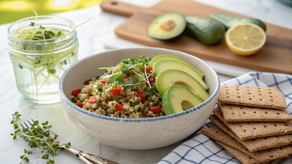 Plated quinoa salad with avocado, greens, crackers, and lemon water.