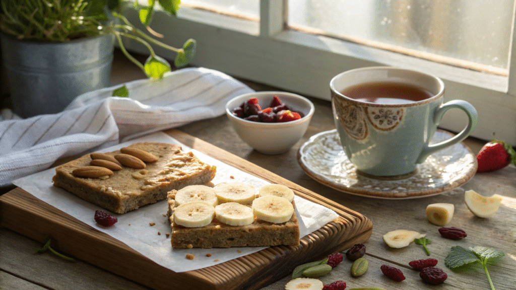 Protein bar served with banana slices, nut butter, and tea on a breakfast table.