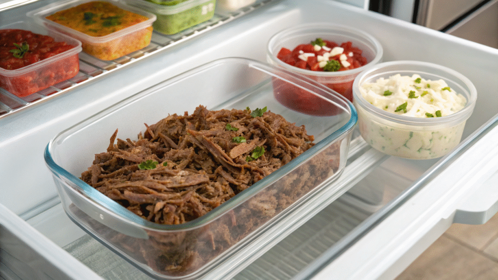 Shredded barbacoa and taco toppings stored in glass containers inside a fridge drawer.