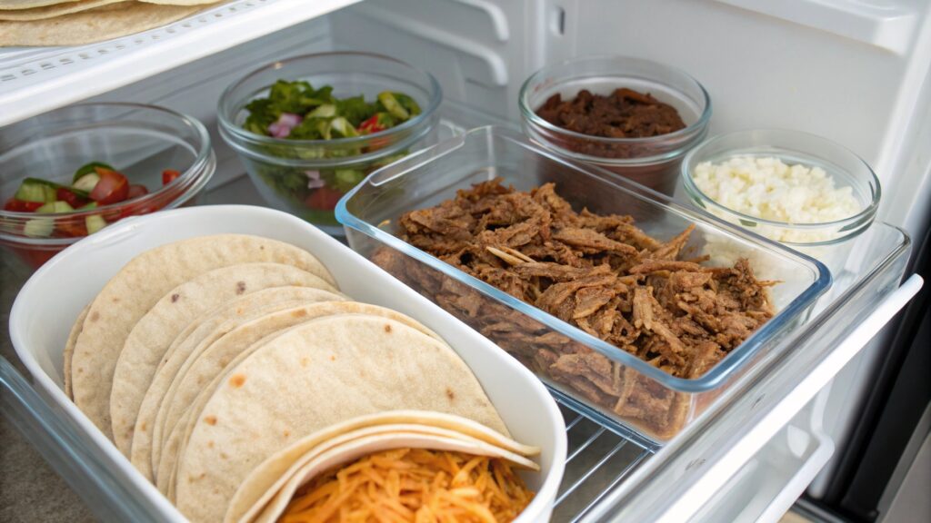 Stored Barbecue Taco components in containers inside a refrigerator.