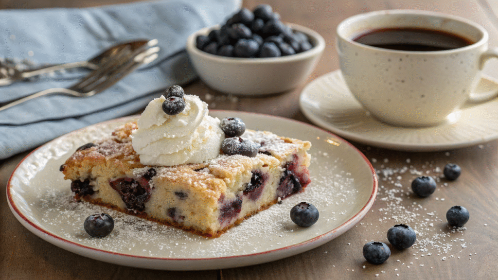 Served slice of blueberry buckle with coffee, whipped cream, and fresh blueberries.