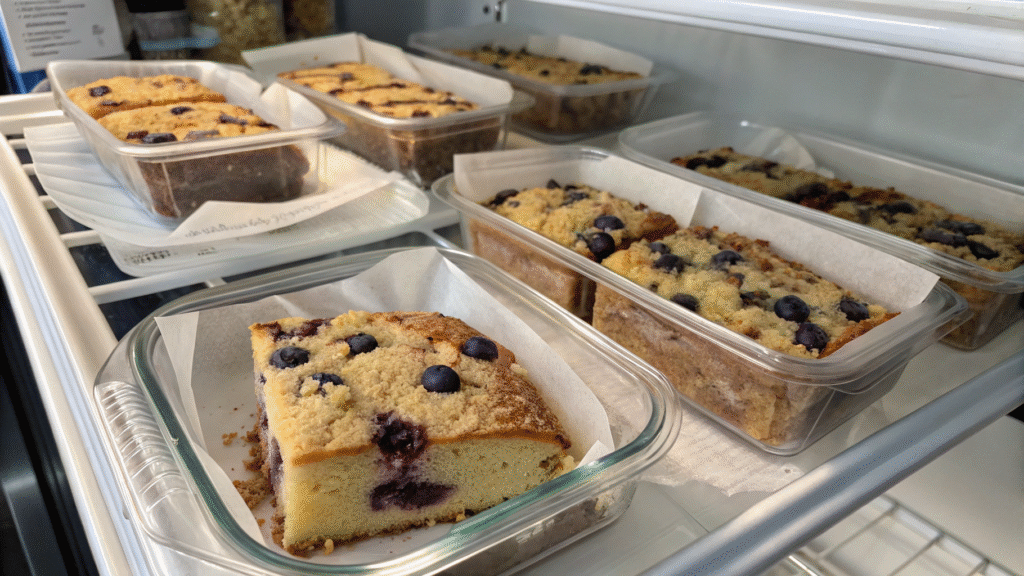 Leftover blueberry coffee cake slices in containers inside a refrigerator.