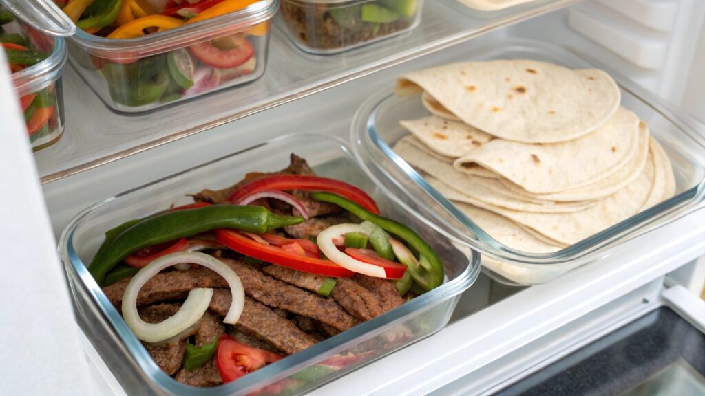 Stored Fajita Asada components in glass containers in the refrigerator.