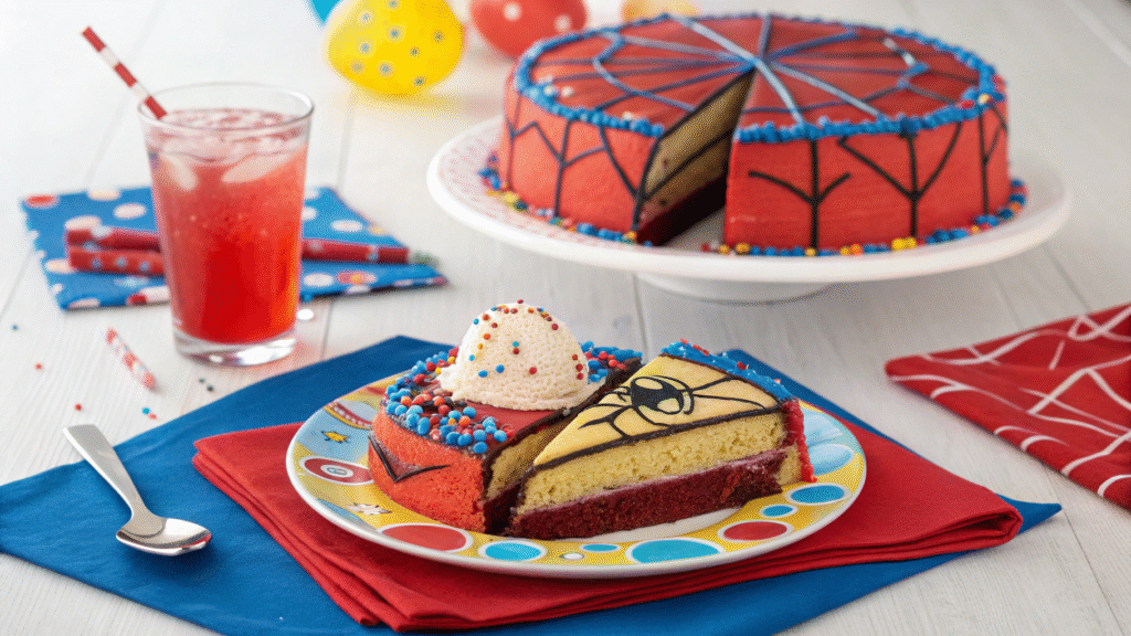 Sliced Spiderman cake served with ice cream on themed plate with punch and napkins.