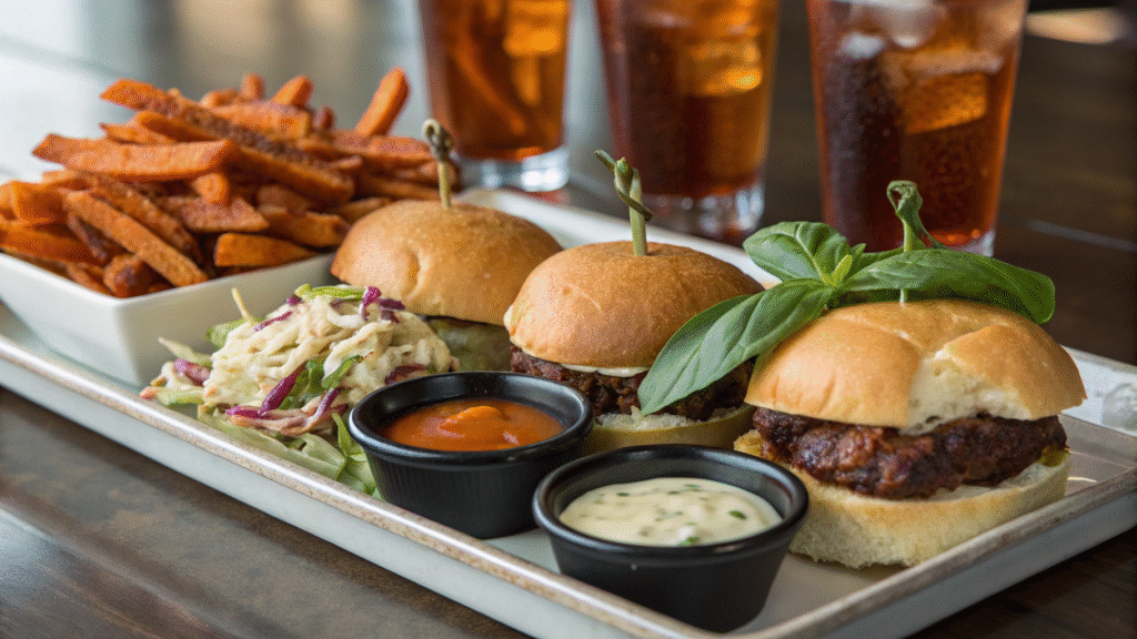 Plated sliders with sides of fries, dipping sauces, and coleslaw on a table with iced tea.