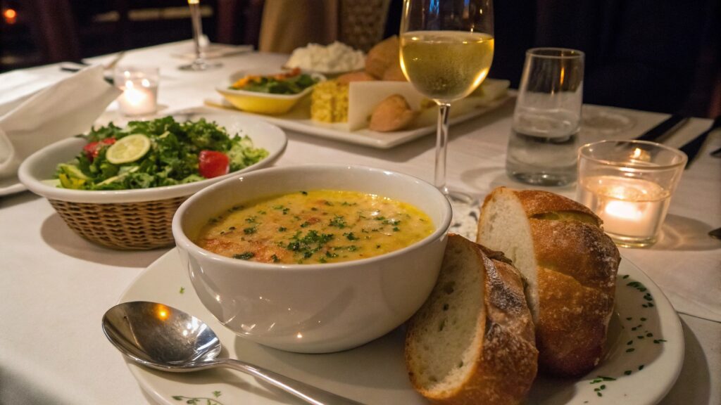 Tortellini soup served with bread and salad on a cozy dinner setup