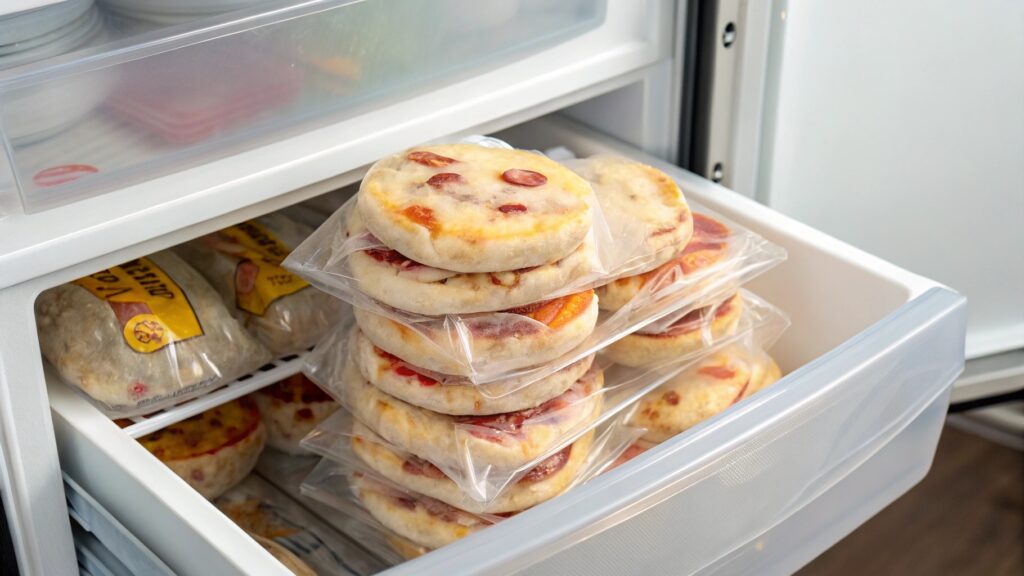 Wrapped English Muffin Breakfast Pizzas stored in freezer bags in a fridge