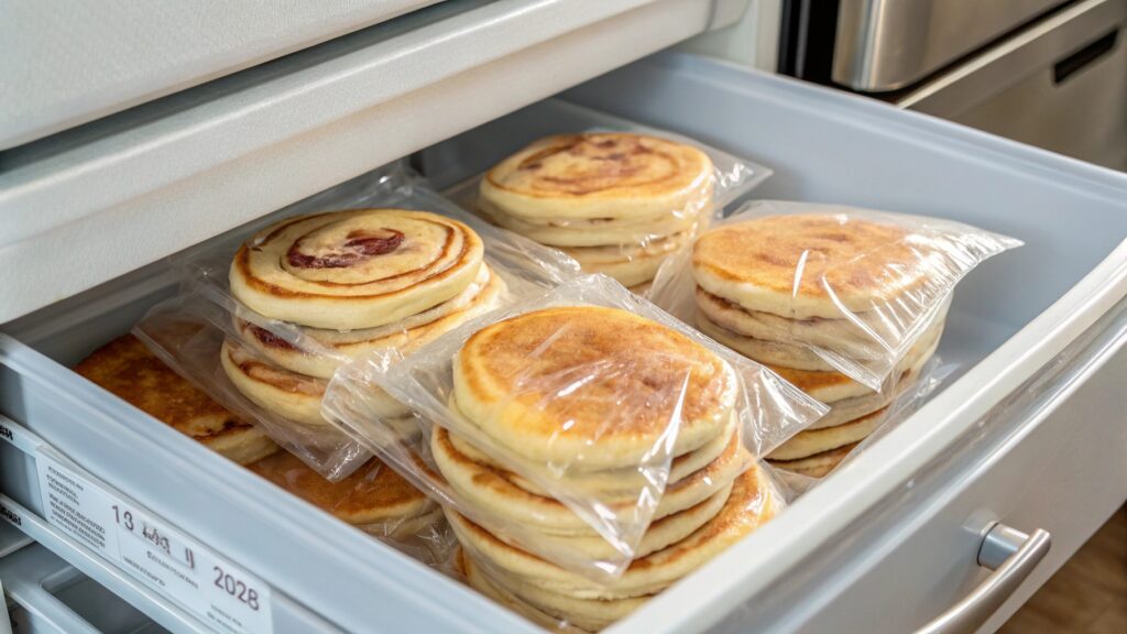 Cinnamon roll pancakes wrapped and stored in labeled freezer bags