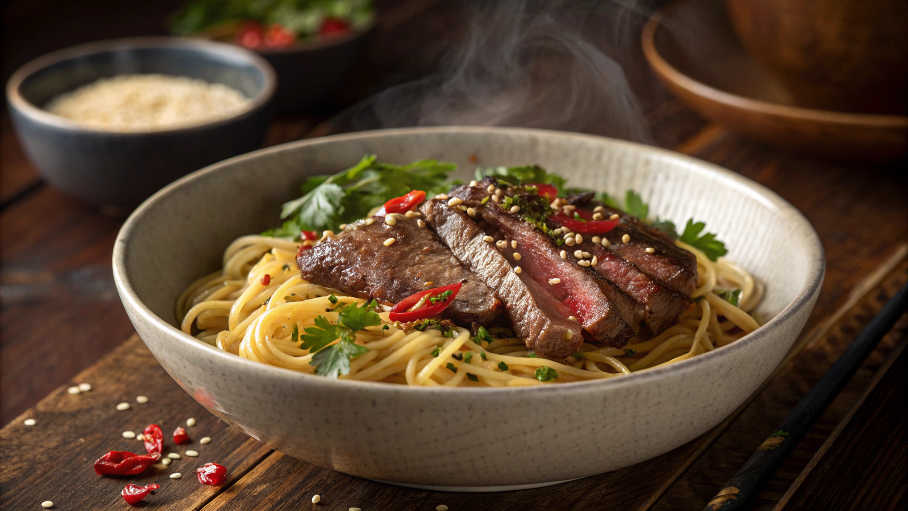 Bowl of steak lightning noodles topped with sliced steak and fresh herbs.