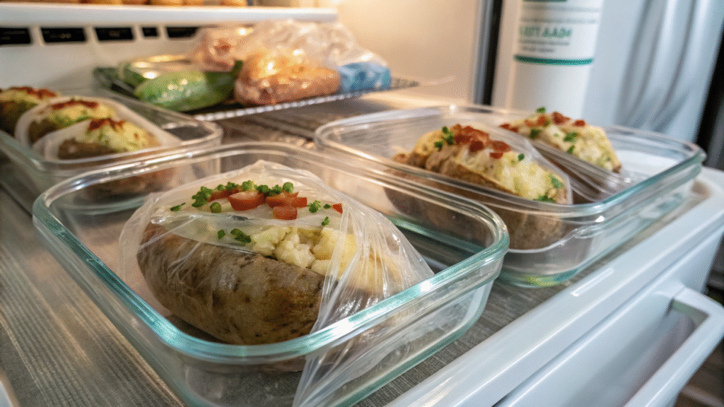 Stuffed baked potatoes stored in meal prep containers and freezer bags with date labels.