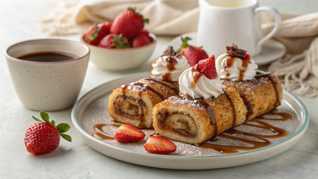 French toast roll-ups served with syrup, whipped cream, strawberries, and hot chocolate on a cozy table.