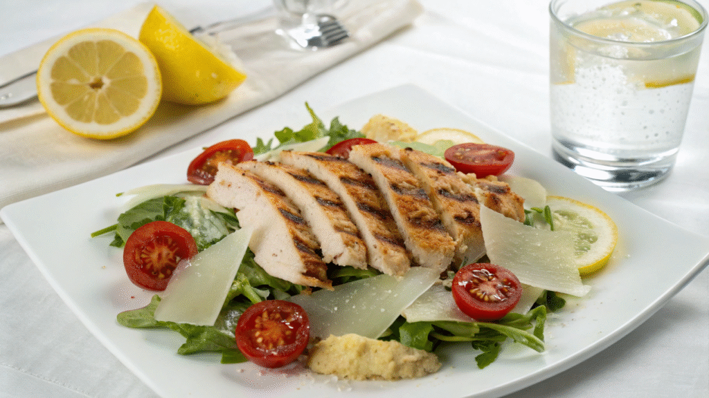 Plated Caesar salad served with grilled chicken, lemon wedge, and sparkling water.