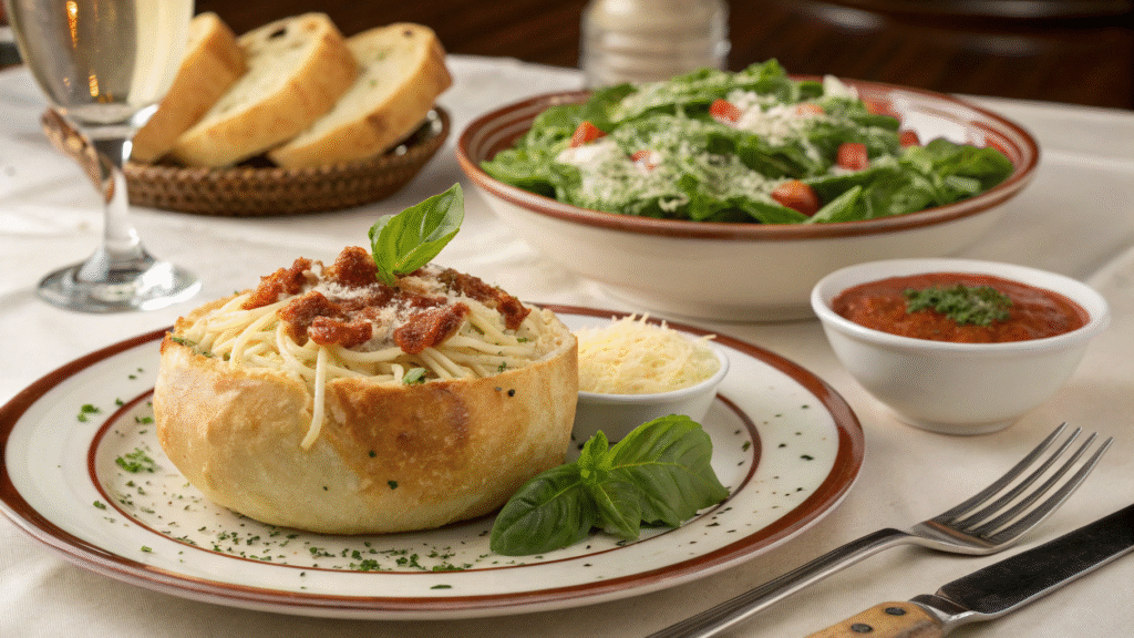 Served garlic bread bowl with pasta, salad, and dipping sauce on a dinner table.