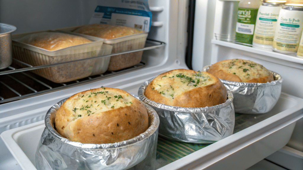 Wrapped garlic bread bowls in a container with storage and freezing prep.