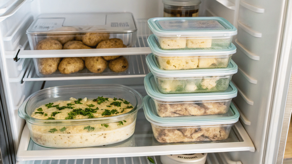 Leftovers of Garlic Parmesan Chicken and Potatoes stored in labeled containers in fridge and freezer.