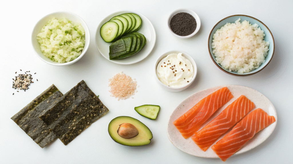 Ingredients for keto sushi including cauliflower rice, nori, avocado, cucumber, cream cheese, and salmon.