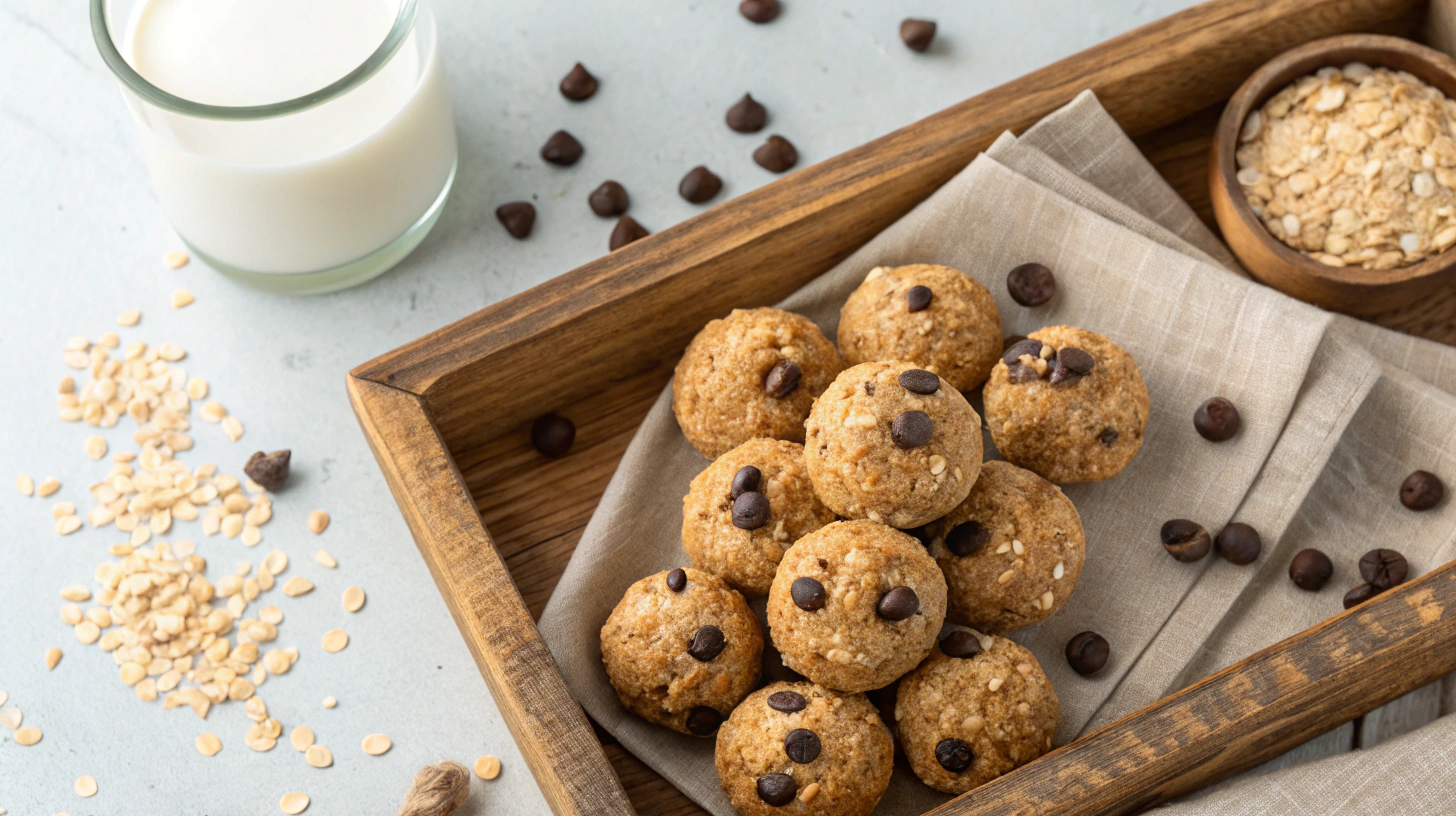 A tray of oat peanut butter balls with chocolate chips and chia seeds served with almond milk.