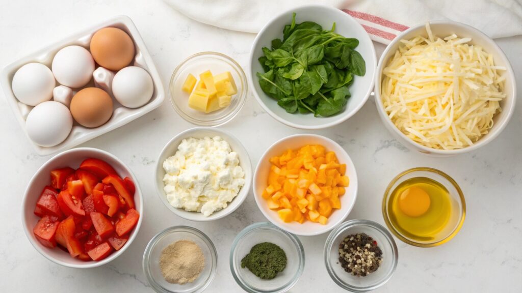 Ingredients for cottage cheese egg muffins arranged in small bowls on a countertop