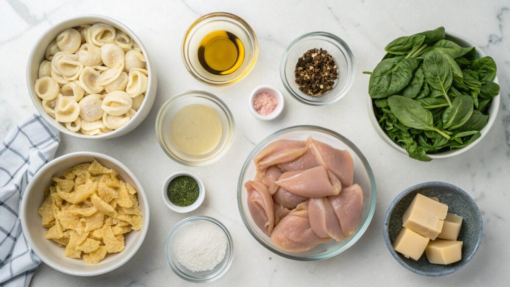 Ingredients for tortellini soup arranged in bowls including chicken, tortellini, and seasonings