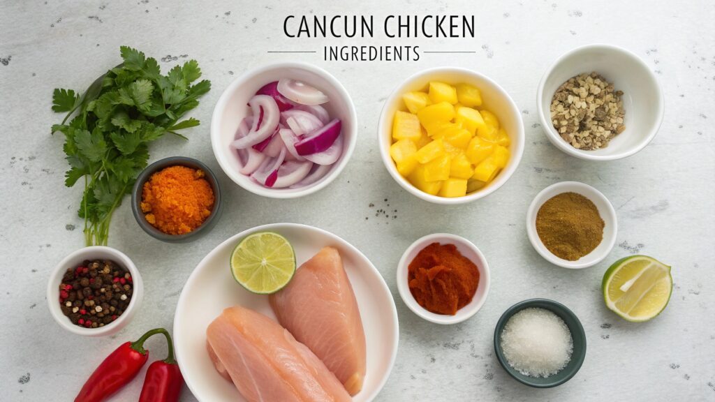Ingredients for Cancun Chicken including spices, lime, cilantro, and mango in bowls