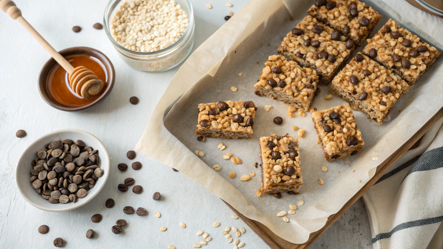 Brown rice cereal bars with almond butter, honey, and chocolate chips on parchment paper.