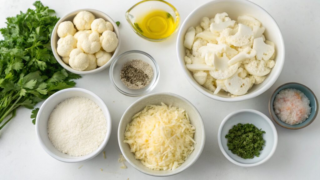 Ingredients for Parmesan Cauliflower Bites arranged in small bowls on a countertop