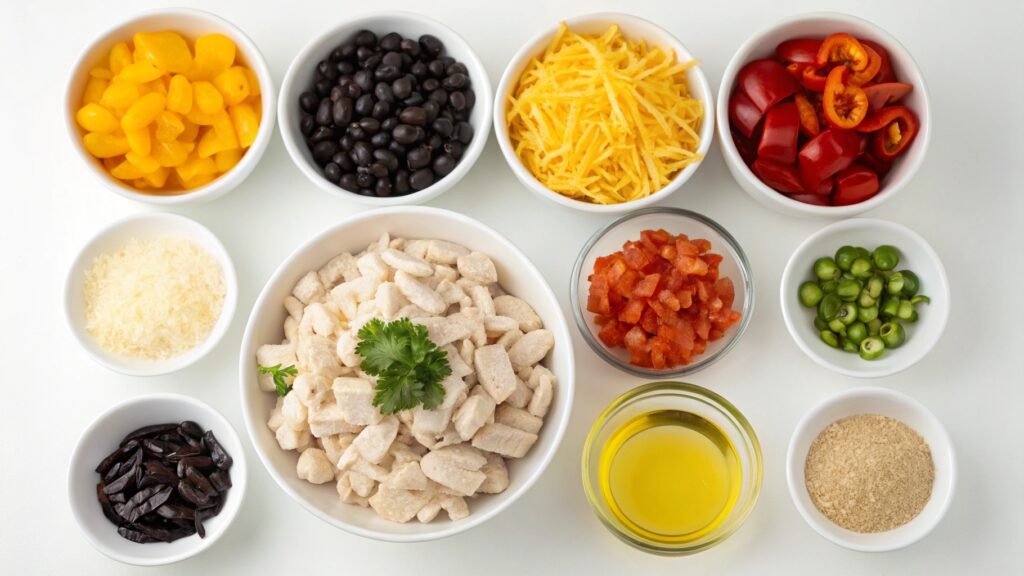 Ingredients for Mexican Cheesy Chicken and Rice including chicken, rice, cheese, and spices