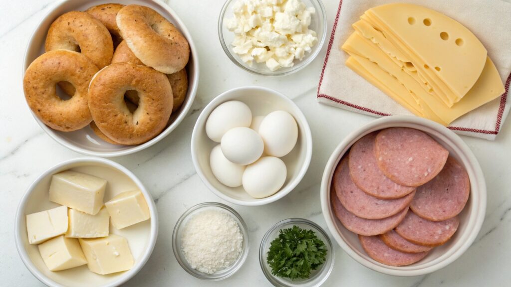 Ingredients for breakfast bagels laid out including bagels, sausage, eggs, and cheese