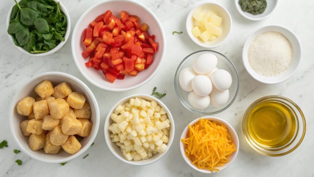 Ingredients for egg muffins with tater tot crusts laid out in small prep bowls