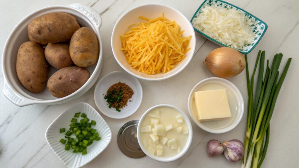Baked potato soup ingredients laid out, including potatoes, broth, cream, and toppings