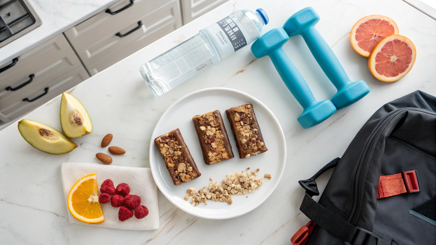 Colorful Fulfil protein bars displayed with fitness gear and fruit on a clean surface.
