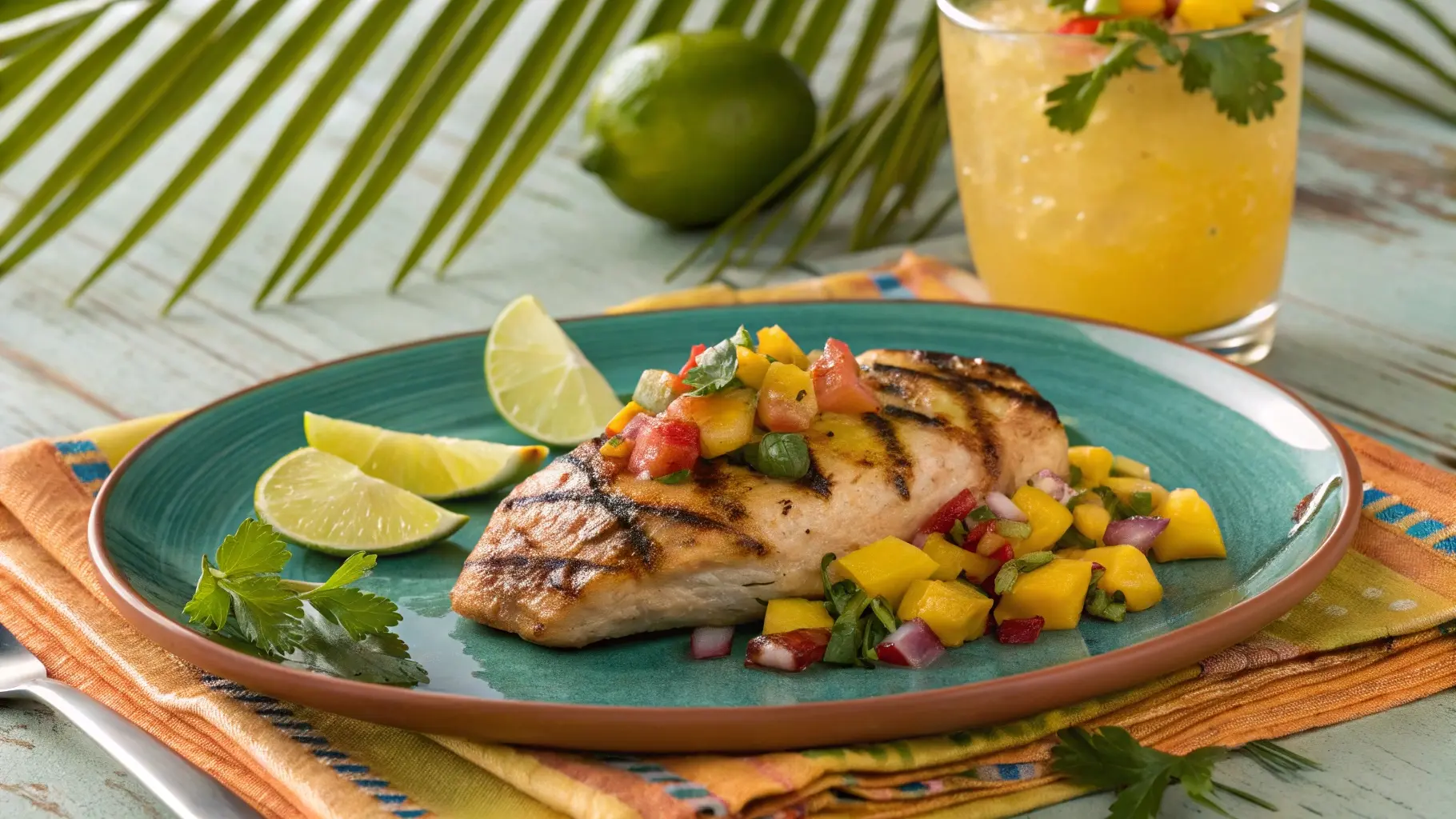 Grilled Cancun chicken with mango salsa and lime wedges on a colorful plate