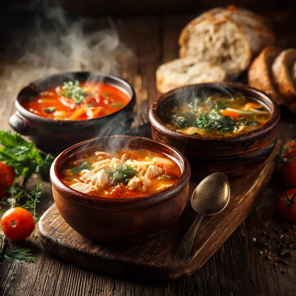 Assorted comforting soups in bowls with bread garnish