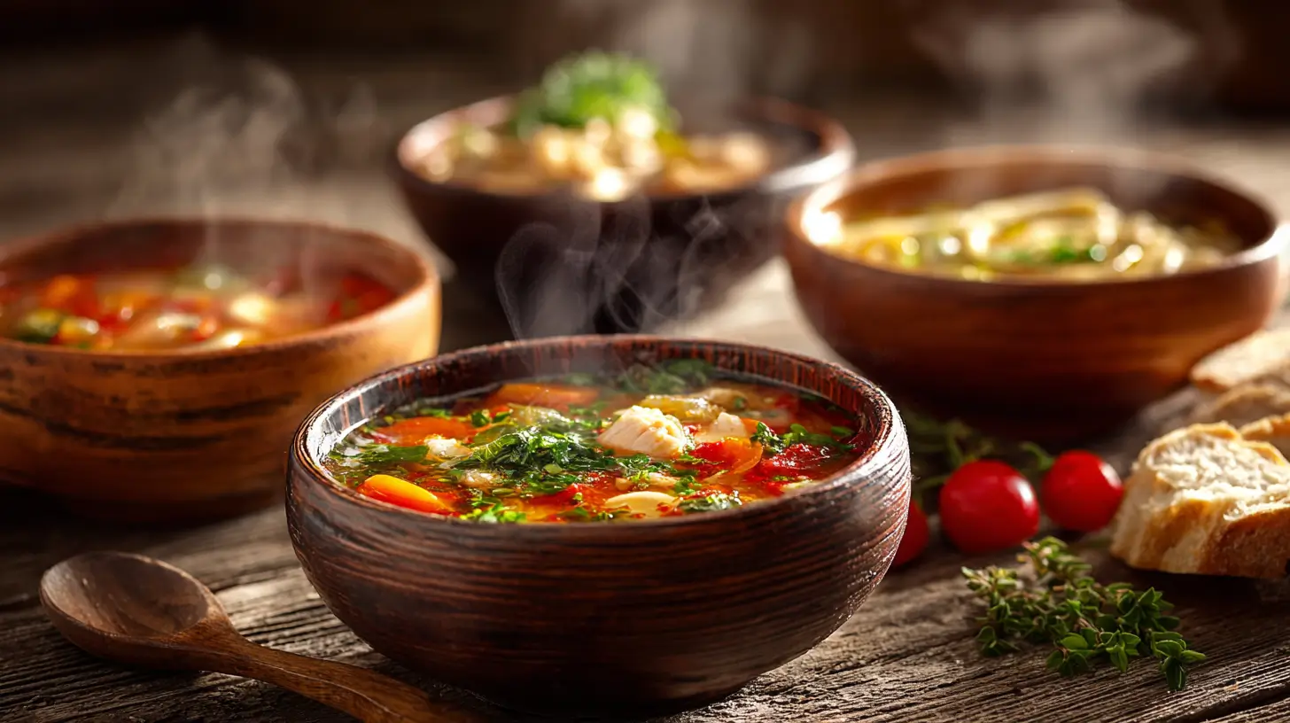 Assorted comforting soups in bowls with bread garnish