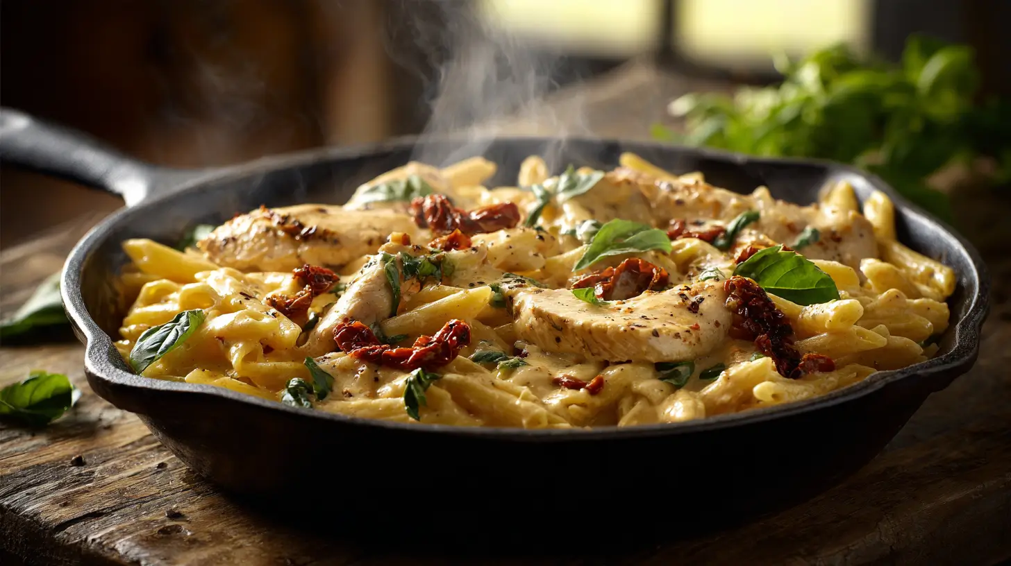 Skillet of creamy Marry Me Chicken Pasta Recipe with basil.