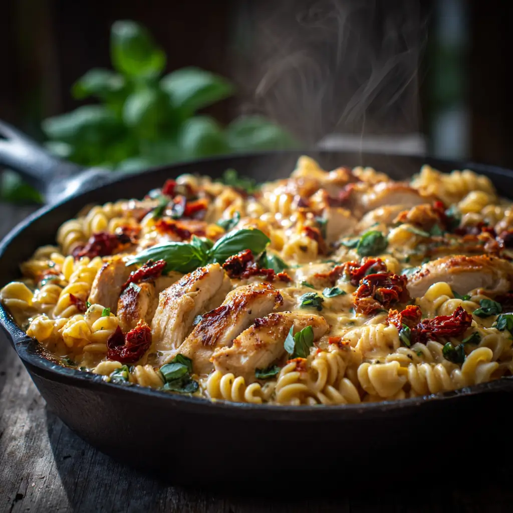 Skillet of creamy Marry Me Chicken Pasta Recipe with basil.