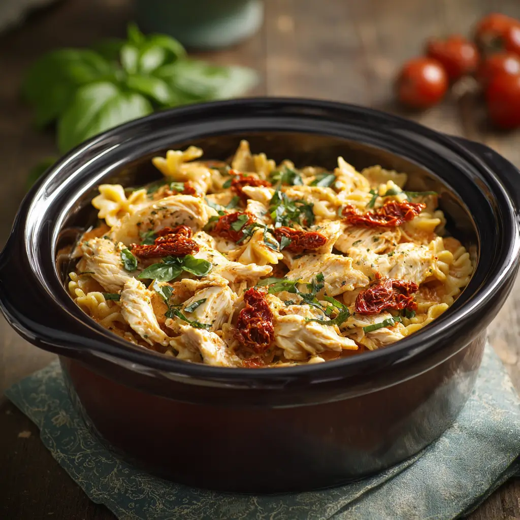 Slow cooker Marry Me Chicken Pasta Crockpot with basil and tomatoes.