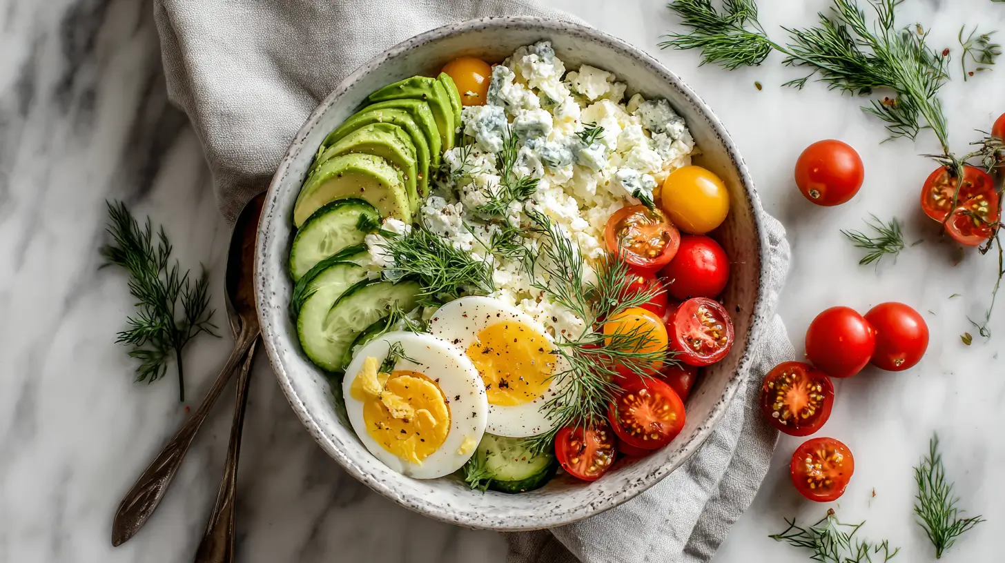 Weight Loss Avocado And Cottage Cheese Breakfast Bowl with colorful vegetables