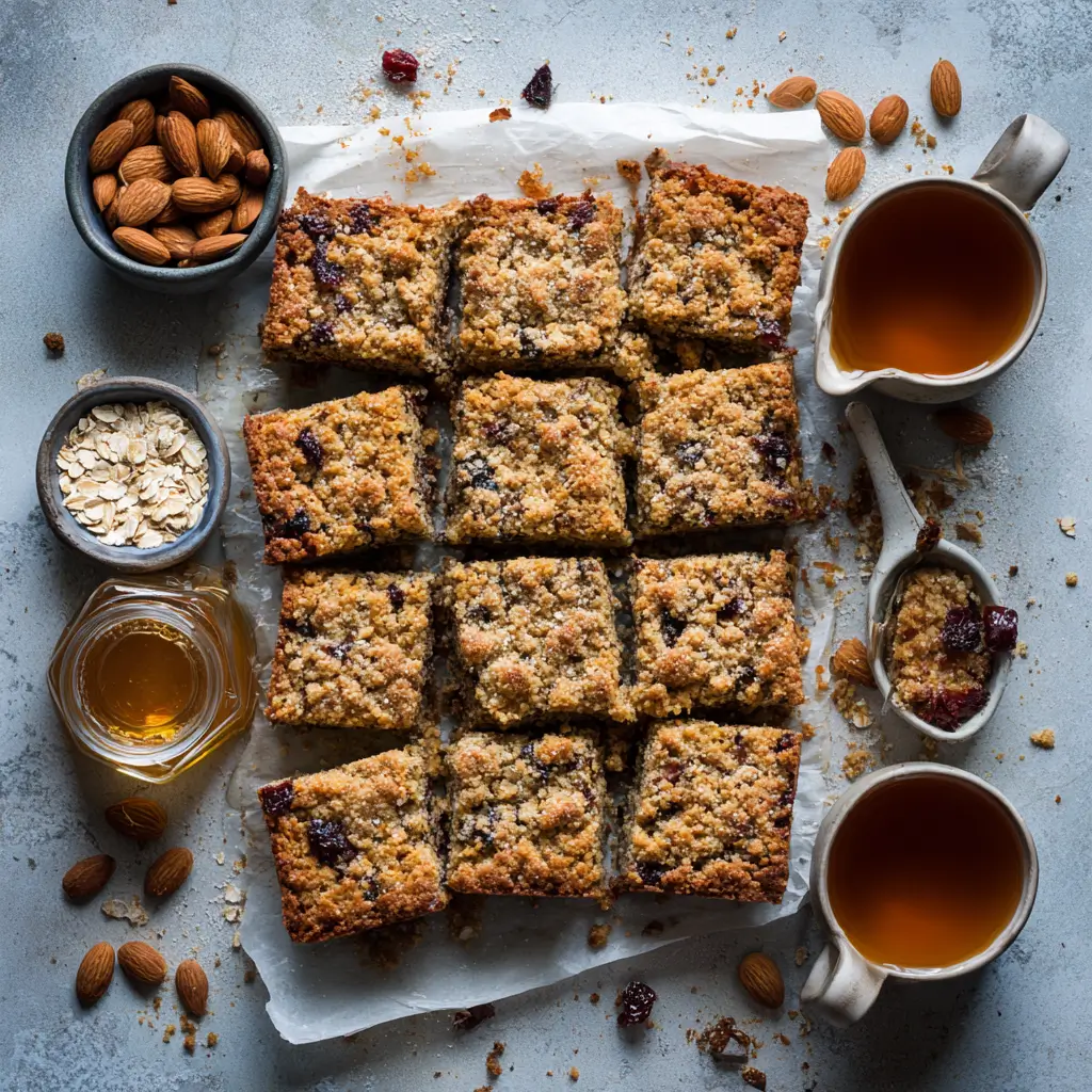 Almond Flour Breakfast Bars sliced on parchment with oats and berries