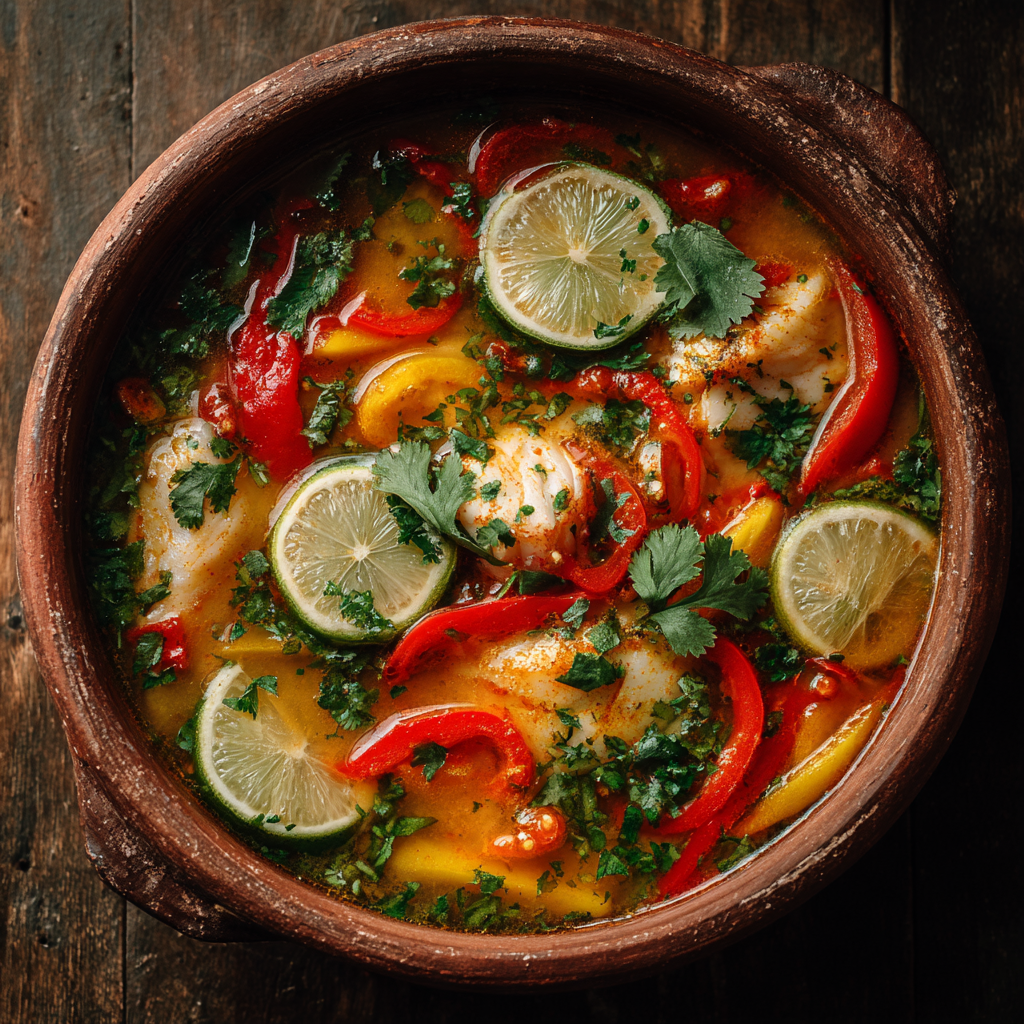 Light Brazilian moqueca fish stew with peppers and lime