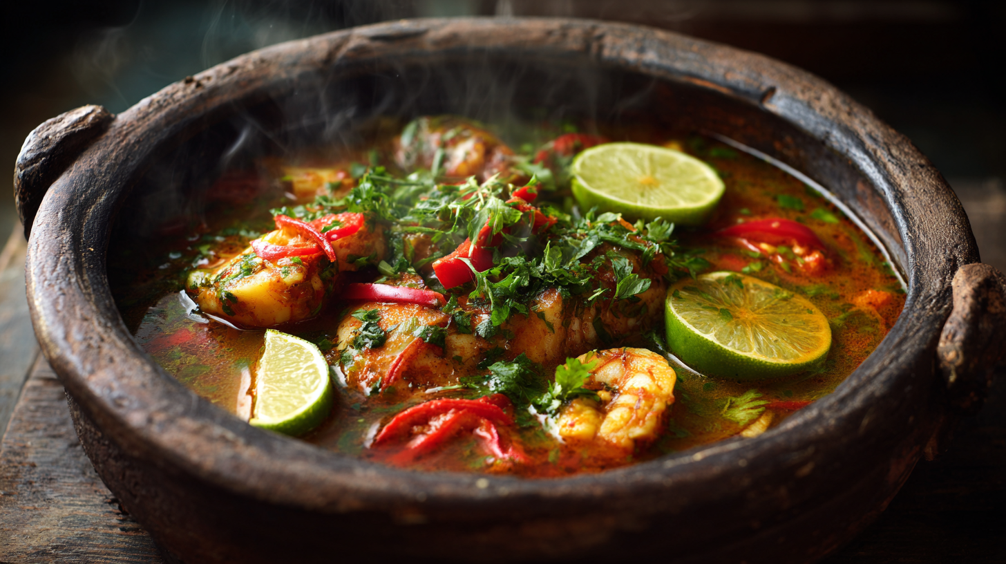 Light Brazilian moqueca fish stew with peppers and lime