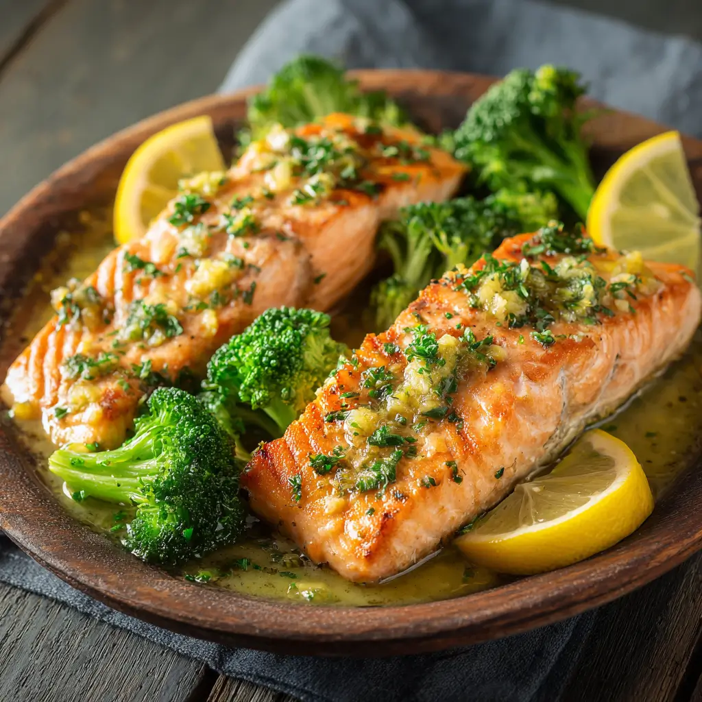 Keto Diet Grilled Salmon with Garlic Butter And Broccoli on wooden plate