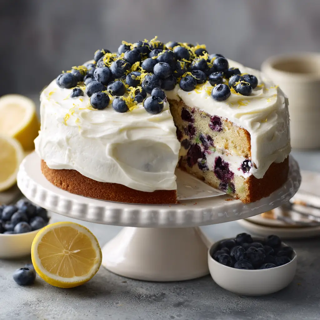 Blueberry cake with lemon cream cheese frosting and fresh blueberries.