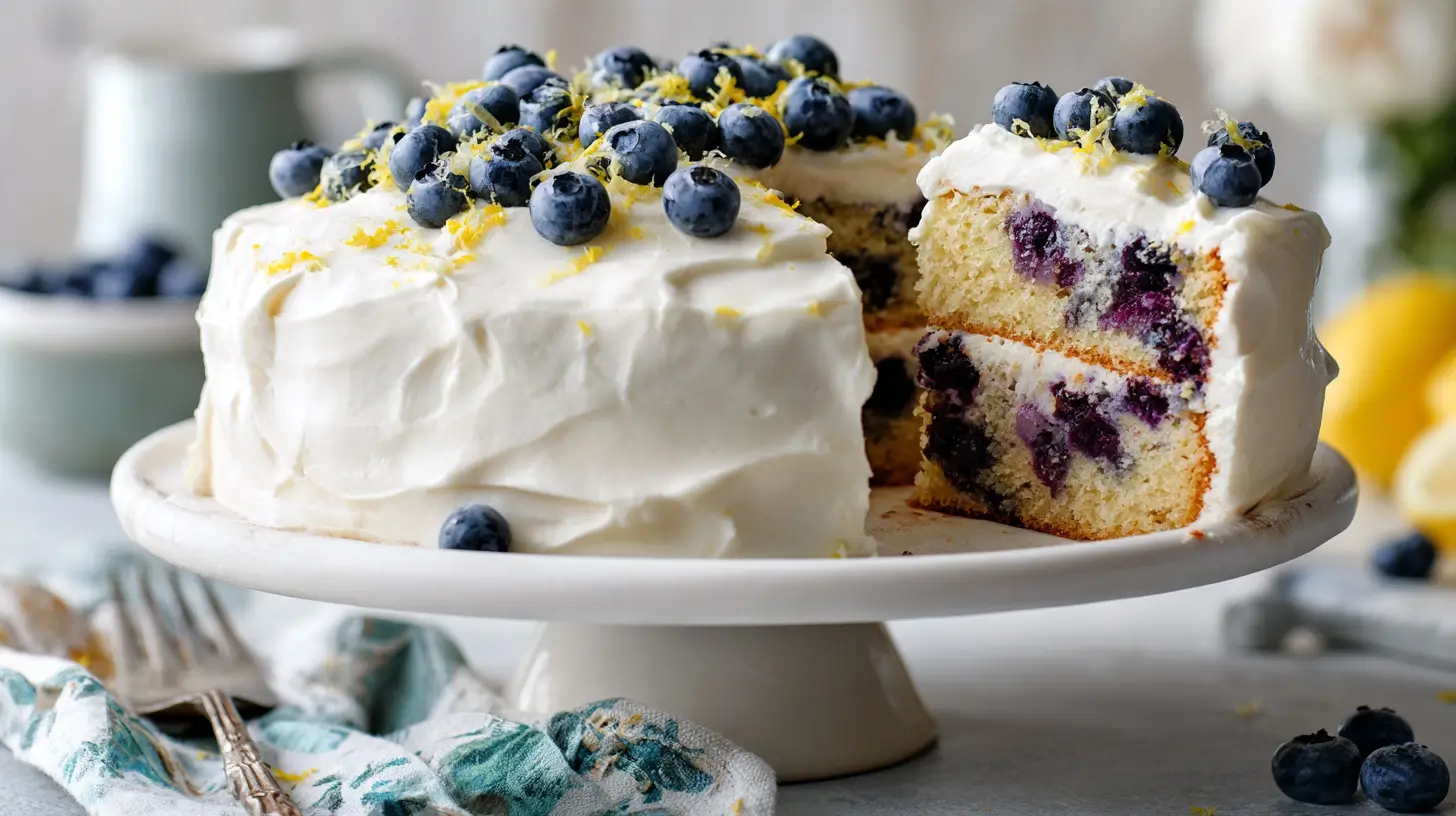 Blueberry cake with lemon cream cheese frosting and fresh blueberries.