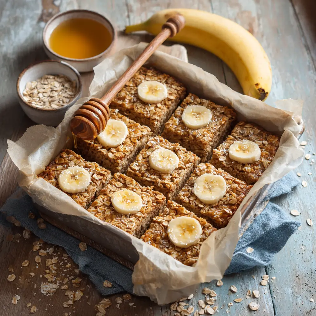 Healthy banana oatmeal bars in a parchment-lined pan with oats and bananas