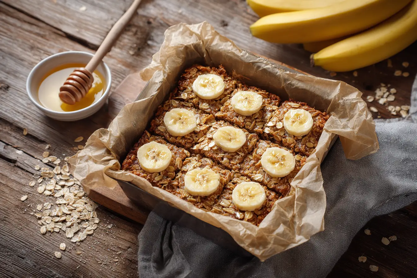Healthy banana oatmeal bars in a parchment-lined pan with oats and bananas