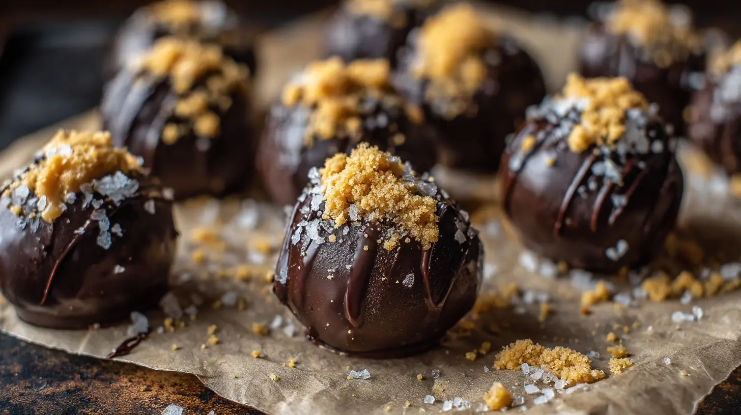 Chocolate-coated No Bake Peanut Butter Cheesecake Balls on parchment.