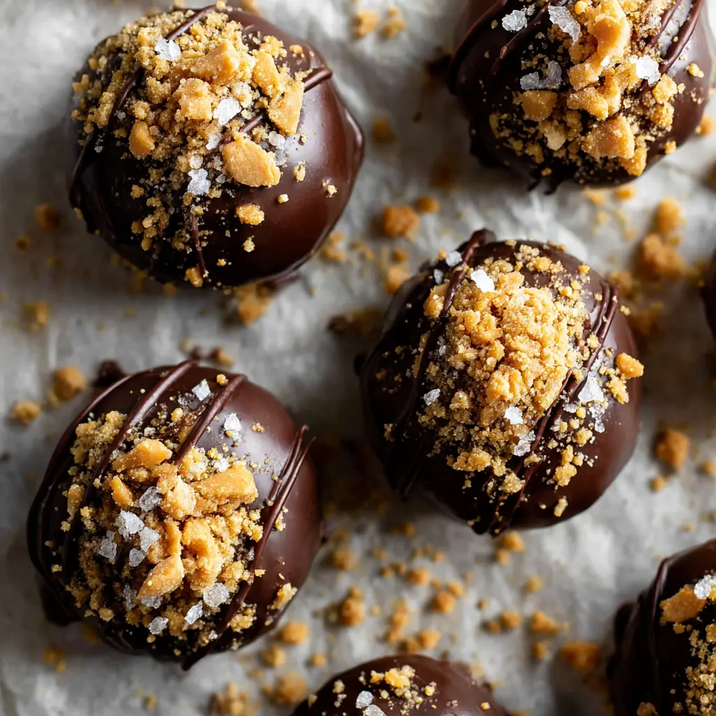 Chocolate-coated No Bake Peanut Butter Cheesecake Balls on parchment.