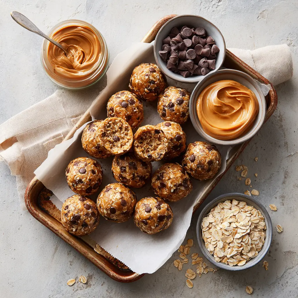 Oat Peanut Butter Balls on parchment with oats, peanut butter, and honey