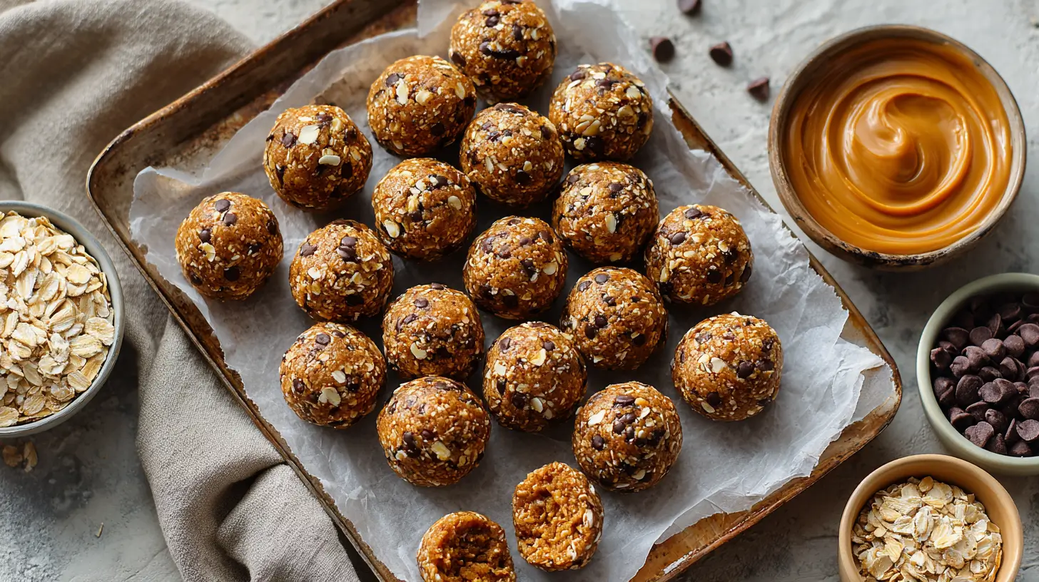 Oat Peanut Butter Balls on parchment with oats, peanut butter, and honey